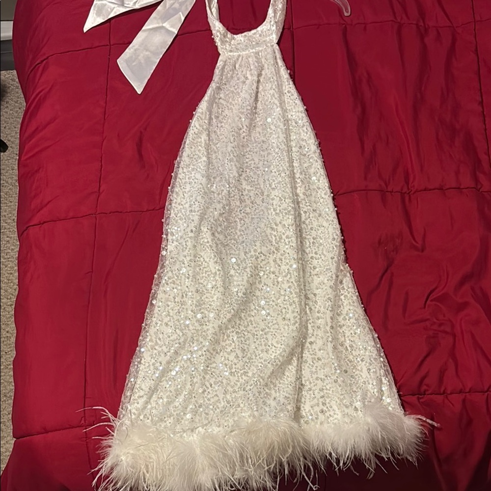 White Sequin Halter Dress with Feather Trim